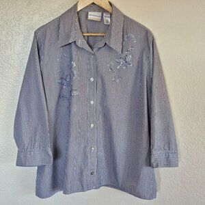 Alfred Dunner Womens Striped Button-Down Shirt 20W Sequin Floral Design